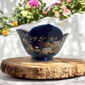 Vintage Japanese Cobalt Blue Porcelain Bowl Gold Peacock Flowers 4.5" Vase EXC